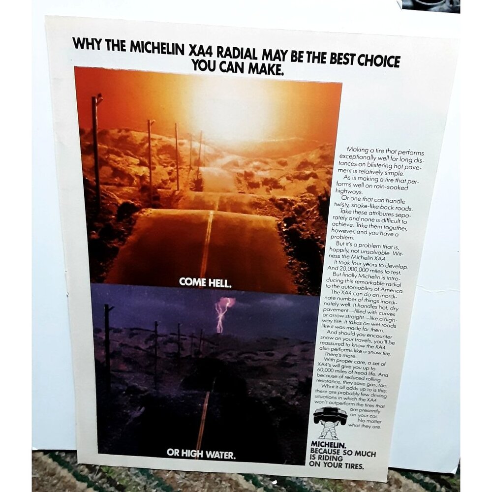 1984 Michelin Tires Road Hell Or High Water Original Print ad 80s